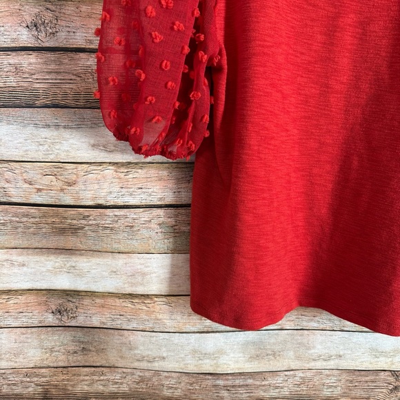 Anthropologie Maeve Red Textured Polka Dot Puff Sleeve Sheer Top Size Small - Picture 7 of 9